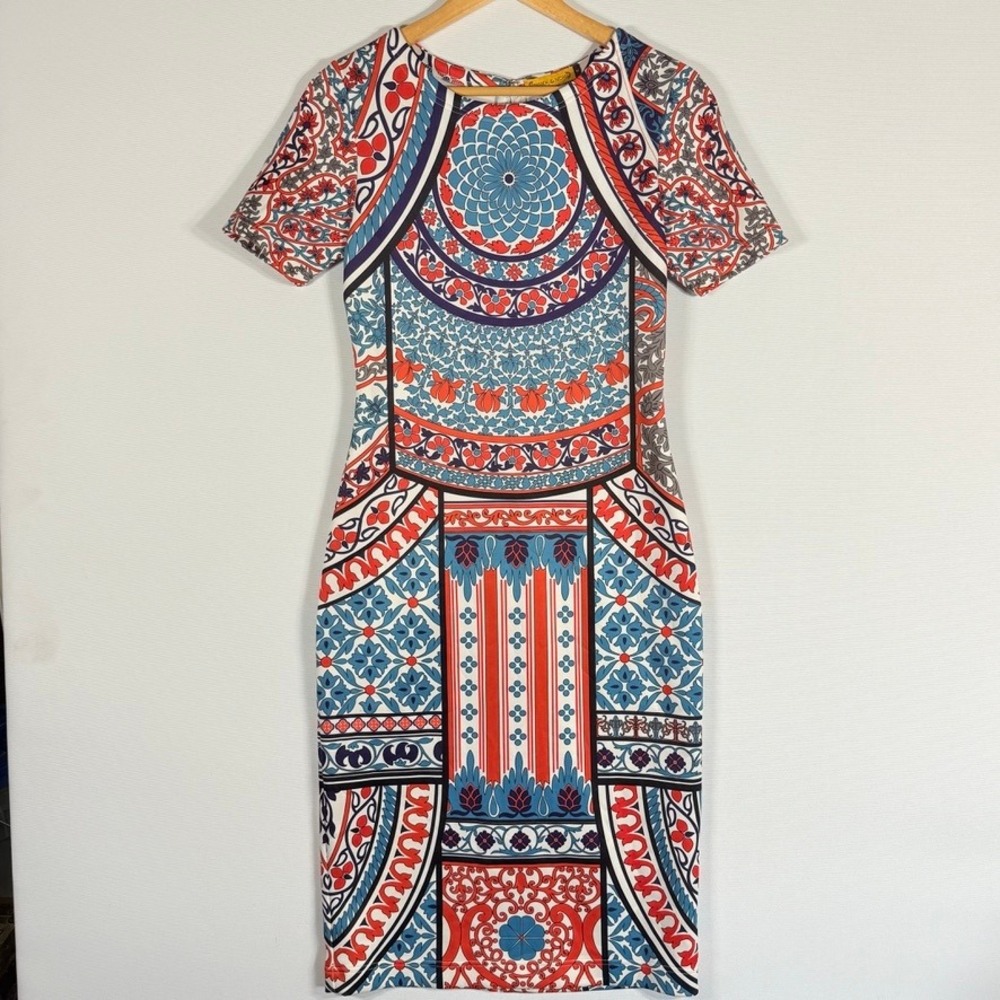 Pankaj & Nidhi‎ Dress Medium Blue Red White Mosaic Festival Boho Scuba Exotic